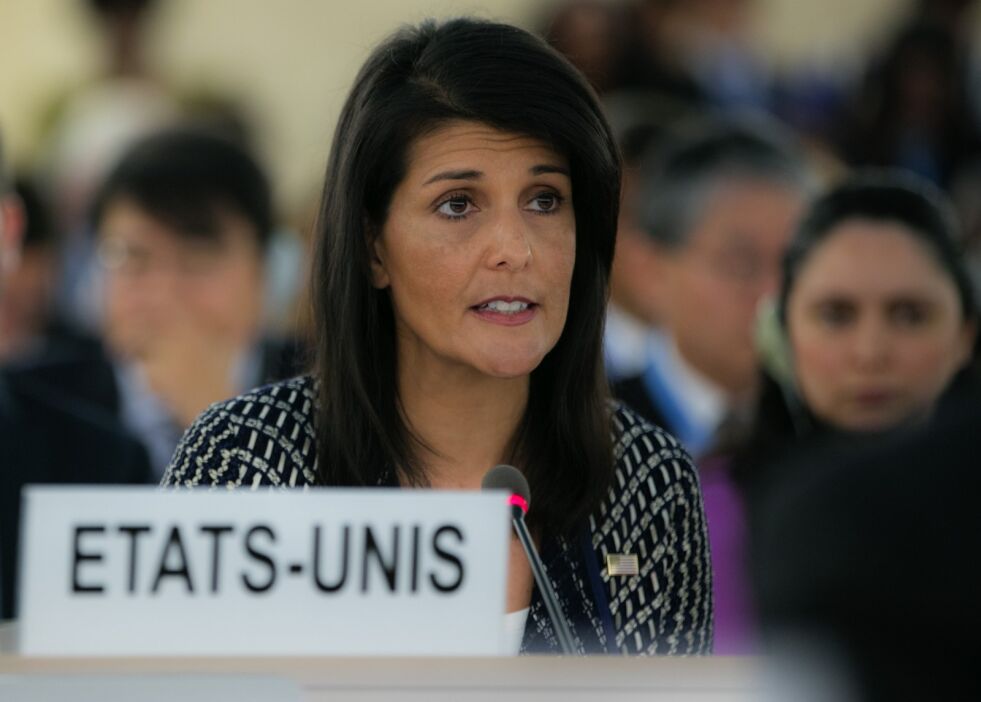 USAs FN-ambassadør Nikki Haley beskylder IEHU og 14 andre organisasjoner for å være på lag med Russland og Kina.
 Foto: U.S. Mission Photo/Eric Bridiers