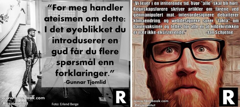 Fra lykkeligere tider, da Gunnar Tjomlid og Jan Schjetne stilte opp og delte sitater tagget med Rasjonalitets R-logo. Se flere Rasjonalitet-«memes».