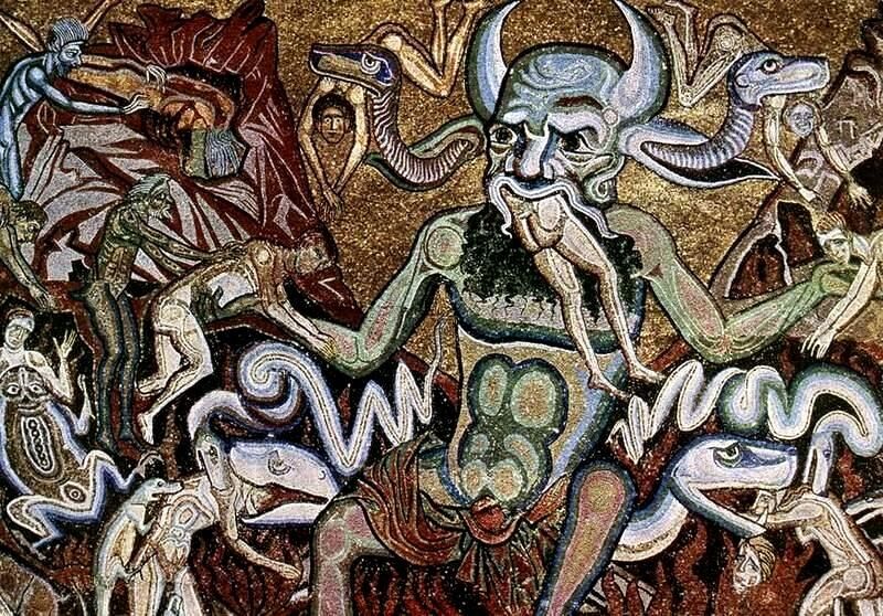 Kirkekunstverket «Inferno Canto» (1265–70) skildrer helvete slik kunstneren Coppo di Marcovaldo forestilte seg det. Denne måten å se for seg helvete vil de fleste teologer i dag anse som utdatert.
 Foto: Creative Commons
