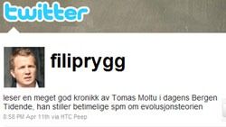 "leser en meget god kronikk av Tomas Moltu i dagens Bergen Tidende, han stiller betimelige spm om evolusjonsteorien" skrev Bergens skolebyråd på Twitter den 11.4.