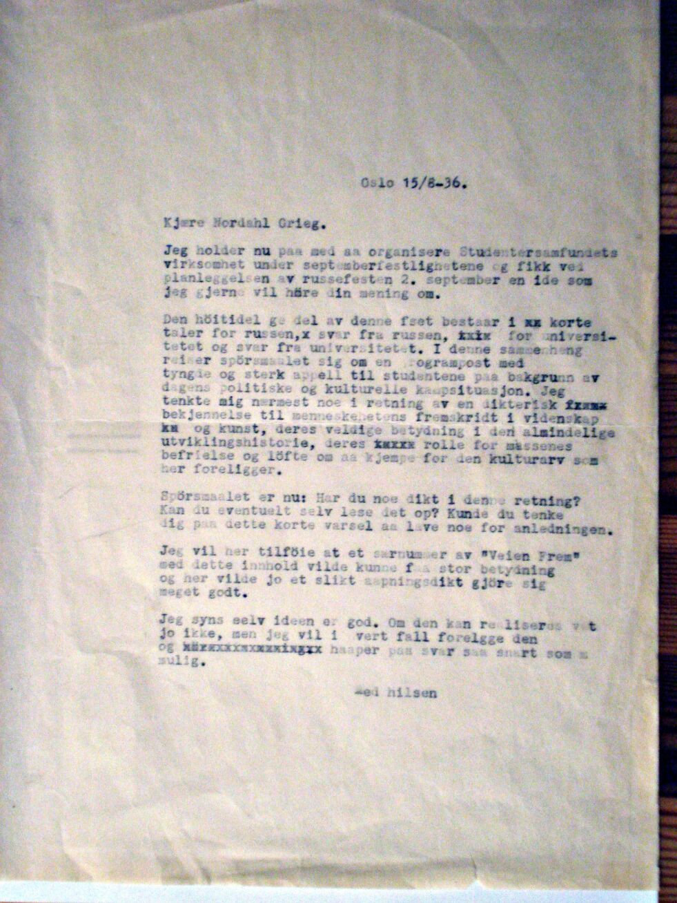 Her er brevet til Nordahl Grieg fra 1936. Knut Hegna har transkribert teksten, som gjengis i artikkelen.
 Foto: Knut Hegna