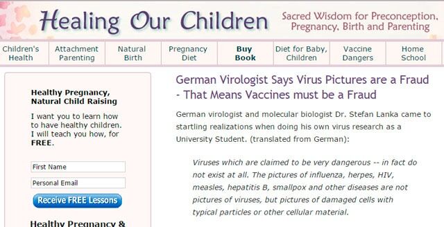 Eksempel på alternativ antivaksine-nettside som har videreformidlet Stefan Lankas påstander om at virus ikke finnes.