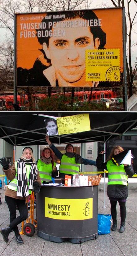 Amnesty har profilert saken til Raif Badawi høyt. Her fra en kampanje i Tyskland (øverst), og en stand på Egertorget i Oslo.