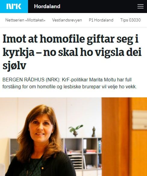 Ikke alle KrF-politikere sier nei til å vie homofile. Varaordfører i Bergen, Marita Moltu synes det er greit selv om hun er imot at kirken skal vie homofile.