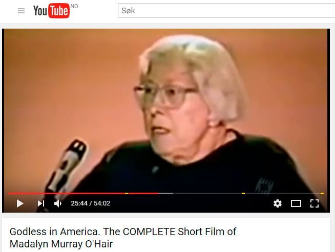 Madalyn Murray O'Hair som 74-åring på årsmøtet til American Atheists i 1993, to år før hun ble drept. Bildet er fra en dokumentar om henne som ligger på Youtube.