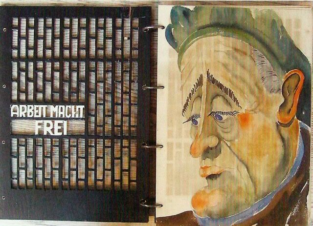 Odd Nansen tegnet av Frode Rinnan mens de begge var fanger i Sachsenhausen. En ulykkelig Odd ser ut av smijernsporten med teksten Arbeit macht frei.
 Foto: Fra Siri Jemtlands arkiv - scannet fra boka
