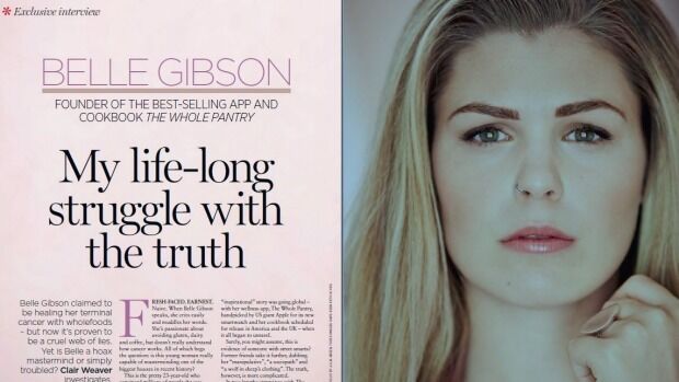 Suksessbloggeren Belle Gibson innrømmer i et intervju med Australian Women's Weekly å ha løyet om kreftssykdom  under tittelen «Min livslange kamp med sannheten».
 Foto: faksimile fra Australian Women's Weekly