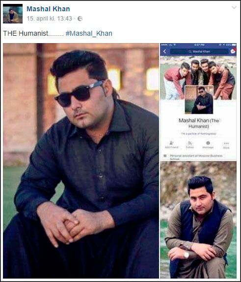 Etter at Mashal Khan ble drept sist torsdag har en rekke Facebook-sider blitt opprettet i hans navn. Her ser vi et utsnitt av hans egen Facebook-side mens han levde.