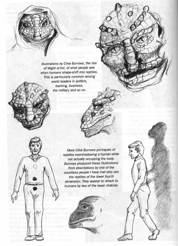 Illistrasjon fra David Ickes bok "The Biggest Secret". Her hevdes det blant annet at rom-reptiler kobler seg til menneskekroppen via to av de nedre chakraene.