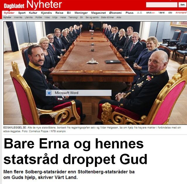 I går var det oppslag i mediene om at bare statsminister Erna Solberg og statsråd Vidar Helgesen i den nye regjeringen droppet Gud i embetseden. I regjeringen Stoltenberg var det langt flere gudløse.