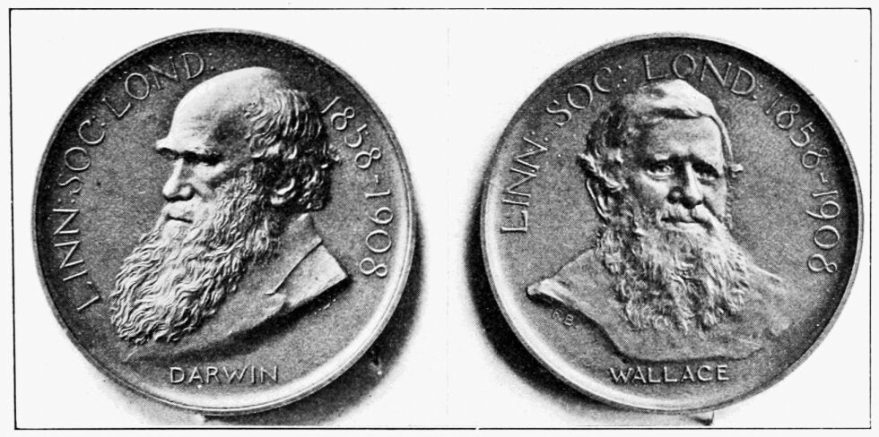 Medaljens to sider: The Linnean Societys Darwin og Wallace-medalje, til minne om fremleggelsen av evolusjonsteorien i selskapet den 1. juli 1858.