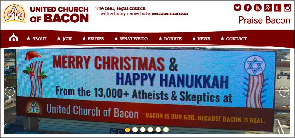 «The United Church of Bacon» er ren satire for å fremme ateisme og vitenskapelig skeptisisme.