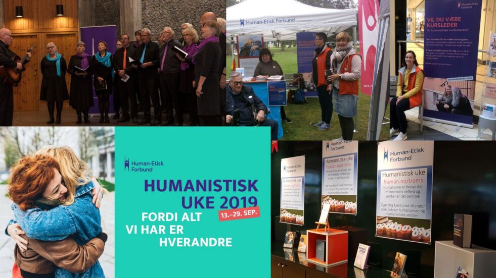 Humanistisk Uke 2019 er i gang, med stand og arrangement over hele landet. Her med eksempler fra (f.v.) Bergen, Vestfold, Horten og Tromsø.