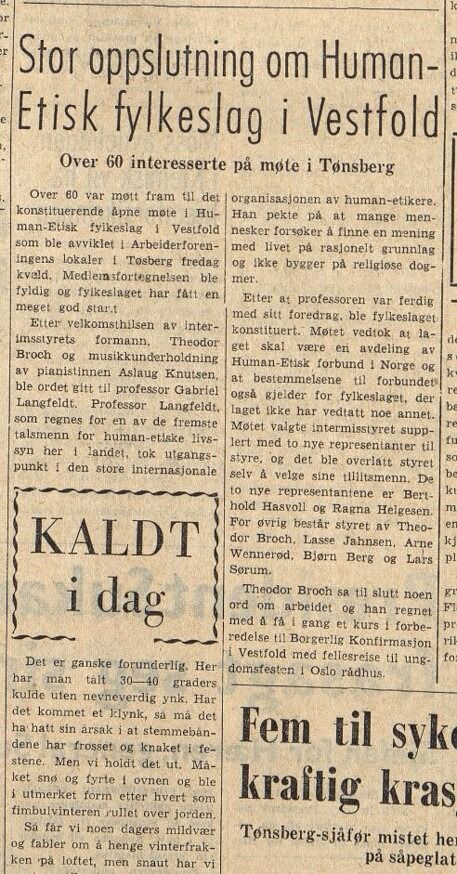 Oppslag i Tønsberg blad om det konstituerende møtet til Vestfold Human-Etisk Forbund den 12. mars 1966.