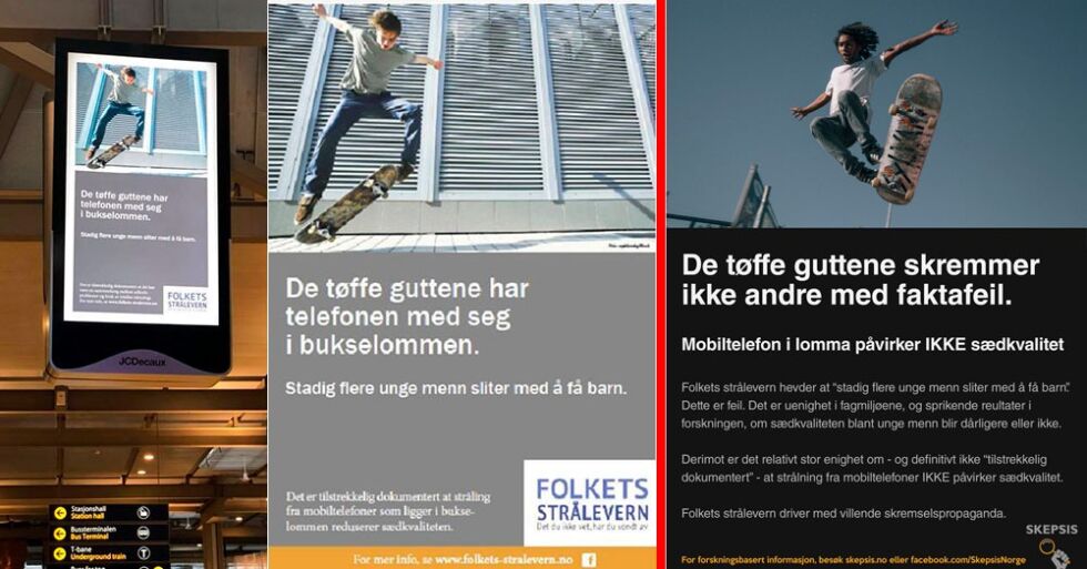 Til venstre: En av Folkets Stråleverns reklamer på Oslo S mandag kveld. Foreningen Skepsis Norge lanserer nå en svarkampanje (til høyre).