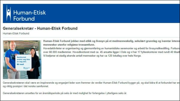 Stilling som ny generalsekretær i Human-Etisk Forbund utlyst