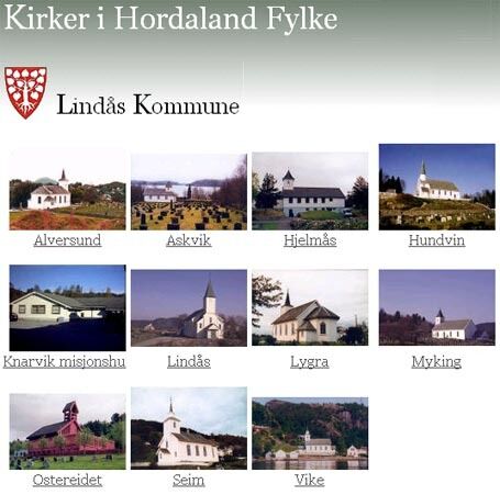 Dette er de ti kirkene og det ene misjonshuet som allerede finnes i Lindås kommune. Nå skal hullet nederst til høyre fylles opp. Det skal bygges en ny kirke i kommunesenteret Knarvik. Bilder fra nettstedet www.disnorge.no