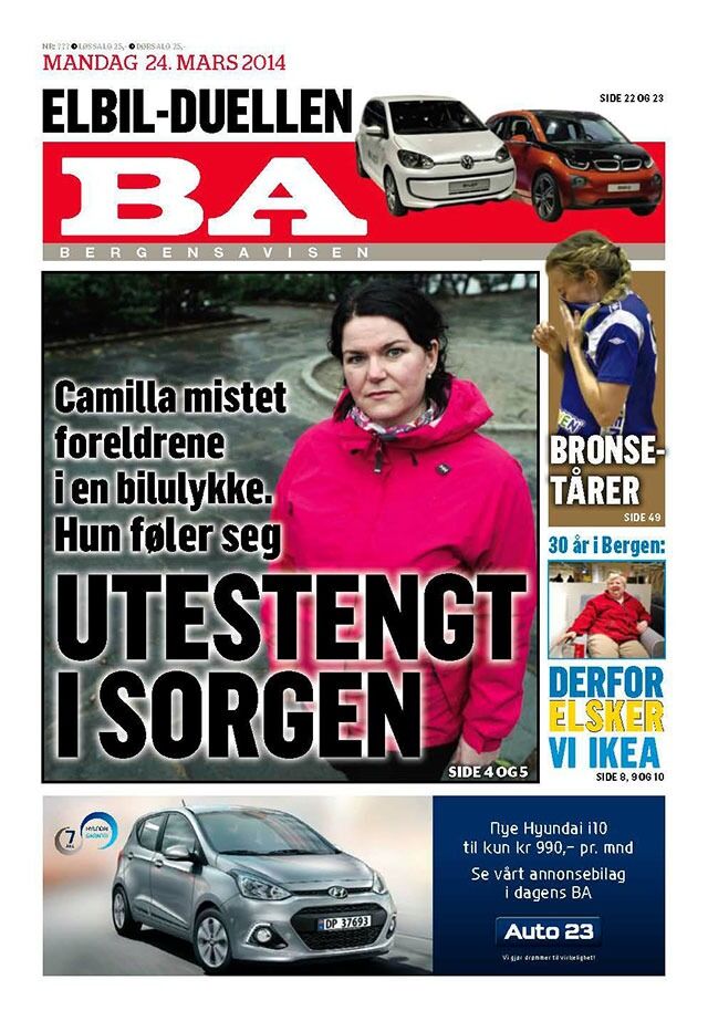 Fri tanke-intervjuet med Camilla Strøm-Andresen var forsideoppslag i Bergensavisen 24. mars.