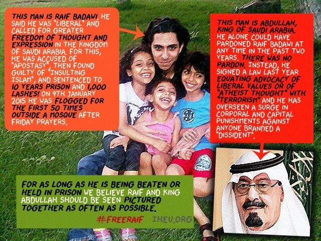 Den Saud-Arabiske bloggeren Raif Badawi vil piskes 50 ganger hver fredag de neste 20 ukene, om dommen mot han opprettholdes.
 Foto: IHEU