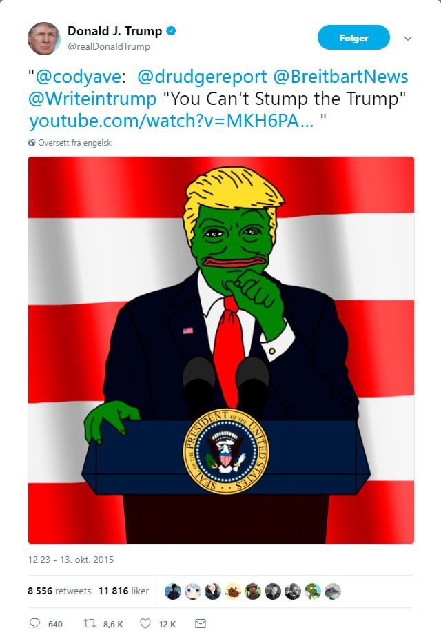 Hausten 2015 tvitra presidentkandidat Donald Trump eit bilete av seg sjølv som Alt-Right-ikonet Pepe.
 Foto: faksimile fra Twitter