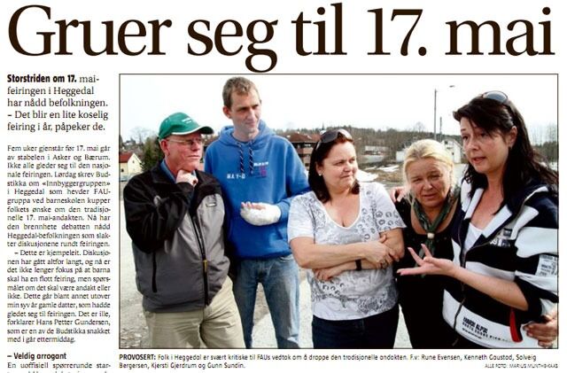 Det er dårlig stemning i Heggedal for tida. Mange mener at prestens andakt hører hjemme på 17. mai.
 Foto: Faksimile fra Budstikka 11.4.2011