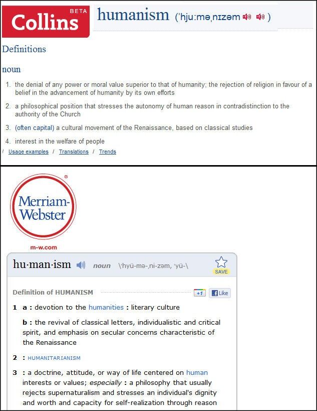Slik defineres humanisme i ordbøkene Collins og Merriam-Webster.