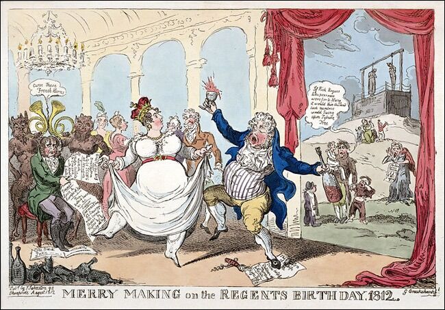 Presteskap, overklasse og kongelige har vært utsatt for skarp satire i Europa gjennom over to hundre år. Her en engelsk radikal, satirisk tegning som karikerer den overdådige feiring av kongens fødselsdag, mens folket ellers lider.