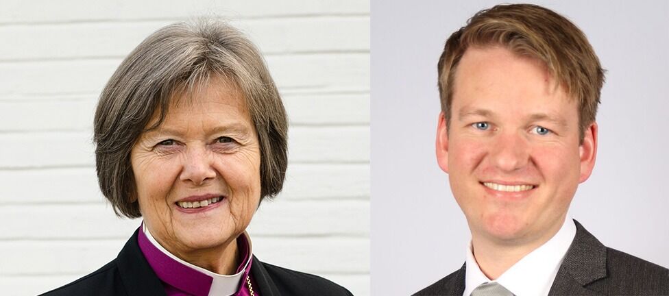 Biskop Helga Haugland Byfuglien og Krfs Anders Tyvand vil ikke at gudstjenesten skal tilpasses, men vil ikke si noe om Nidaros-biskopens tilpasninger.
 Foto: Kirken.no + Krf