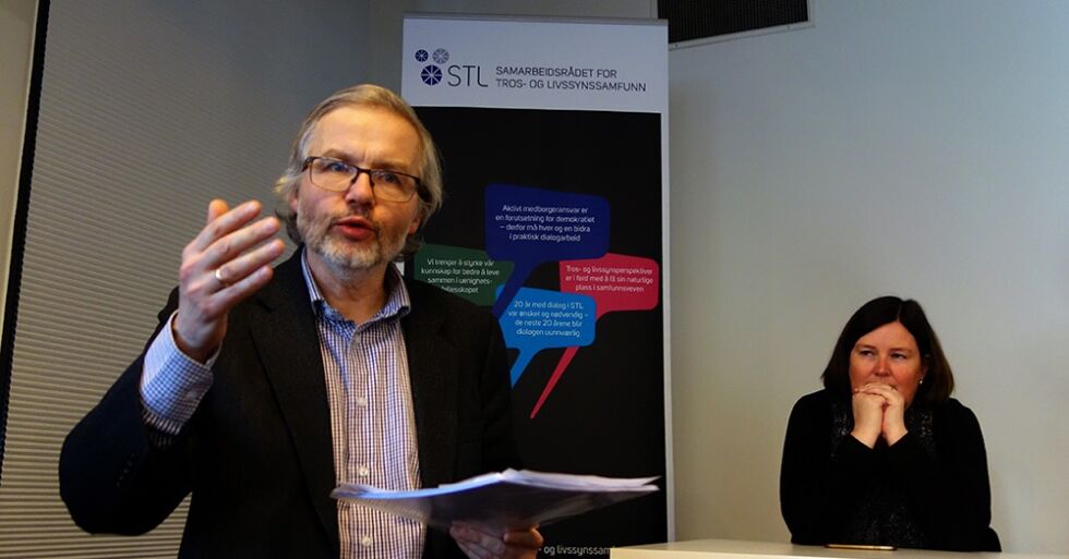 Harald Hegstad under et debattmøte om den nye tros- og livsynsloven i slutten av februar.
 Foto: Even Gran