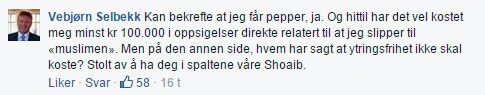 «Hvem har sagt at ytringsfrihet ikke skal koste», skriver Dagen-redaktør Vebjørn Selbekk på under denne Facebook-statusen til Shoaib Sultan.