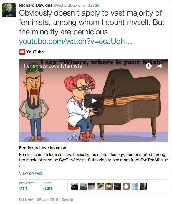Først delte Richard Dawkins en satirisk tegnefilm der en feminist og islamist synger at de har "mye til felles".