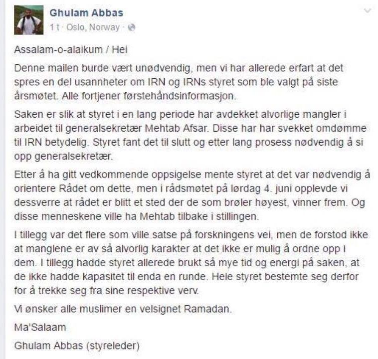 Facebook-posten (tidligere) styreleder i Islamsk Råd Norge, Ghulam Abbas, publiserte på Facebook søndag kveld. Posten ble senere slettet.