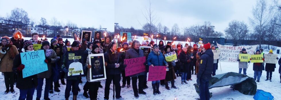 Free Raif Badawi, free Raif Badawi... Ropene gjallet ekstra høyt når de ansatte på ambassaden kom på jobb.
 Foto: Christian Johander