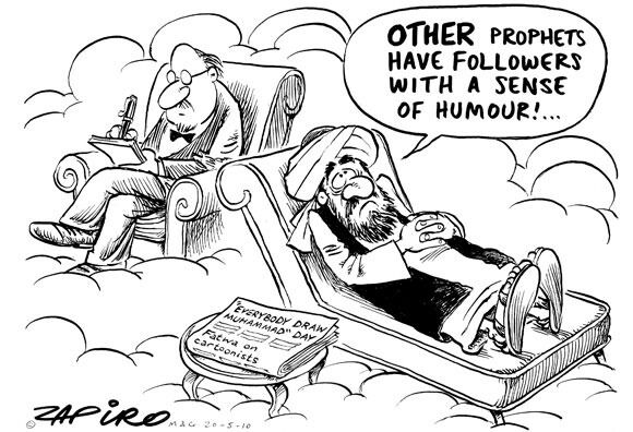 Overfølsom? Da den sør-afrikanske avisa Mail & Guardian trykket denne karikaturtegningen, med teksten «Andre profeter har tilhengere med humoristisk sans», mottok redaksjonen dødstrusler og rådet av muslimske lærde forsøke å stoppe publiseringen av tegningen.
 Foto: Zapiro