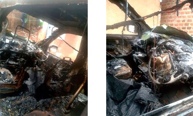 Bilen til Kato Mukasa ble fullstendig utbrent etter at en mobb satte fyr på den.