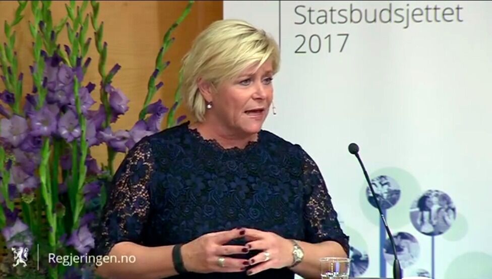 Finansminister Siv Jensen (Frp) la fram statsbudsjettet for 2017 i dag.
 Foto: Regjeringen.no