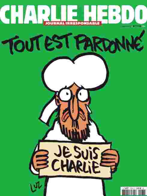 Den første utgaven av satiremagasinet Charlie Hebdo etter terrorangrepet viste en tegning av profeten Muhammed(?) som holder en plakat med «Je suis Charlie» og overskriften «Alt er tilgitt».
 Foto: Charlie Hebdo