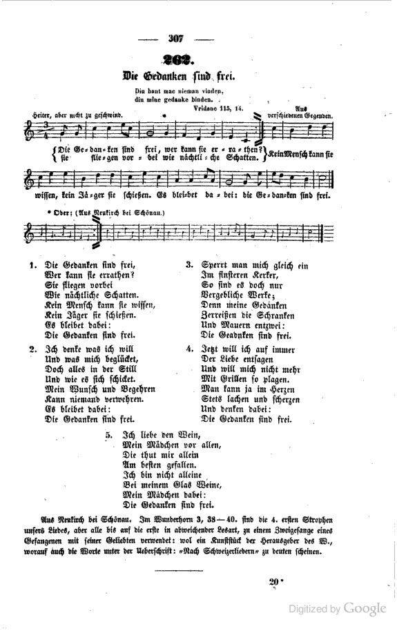 En versjon av «Die Gedanken sind frei» fra 1842 i noteheftet «Schlesische Volkslieder mit Melodien: Aus dem Munde des Volkes». Denne versjonen har de to versene Arild Waagbø gjendiktet som nummer fire og fem.
 Foto: Wikimedia commons
