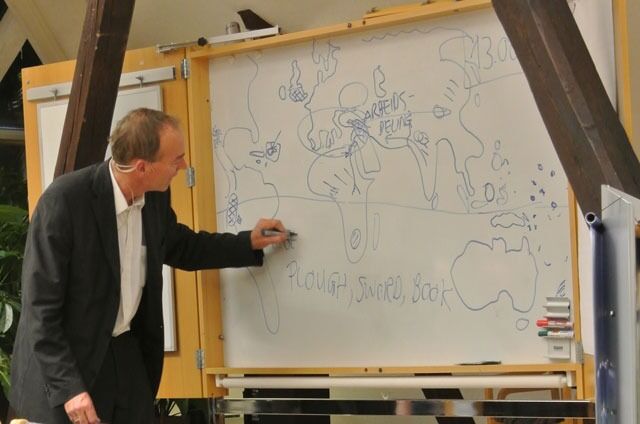 Thomas Hylland Eriksen tegnet og forklarte Jared Diamonds teorier om hvorfor verdensdelene har utviklet seg ulikt.
 Foto: Anniken Fleisje