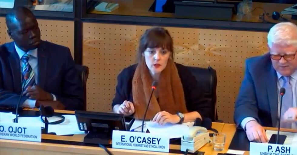 – Elizabeth O’Casey minnet delegatene om at det sitter folk fengslet i Pakistan, Saudi Arabia og Iran bare fordi de har erklært seg som humanister eller ateister. (bildet er fra et tidligere møte i Geneve).
 Foto: FN - Geneve