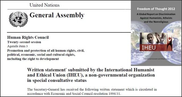Human-Etisk Forbunds internasjonale paraplyorganisasjon IHEU la mandag fram sin statusrapport om diskriminering av ikke-troende for FNs menneskerettighetsråd.