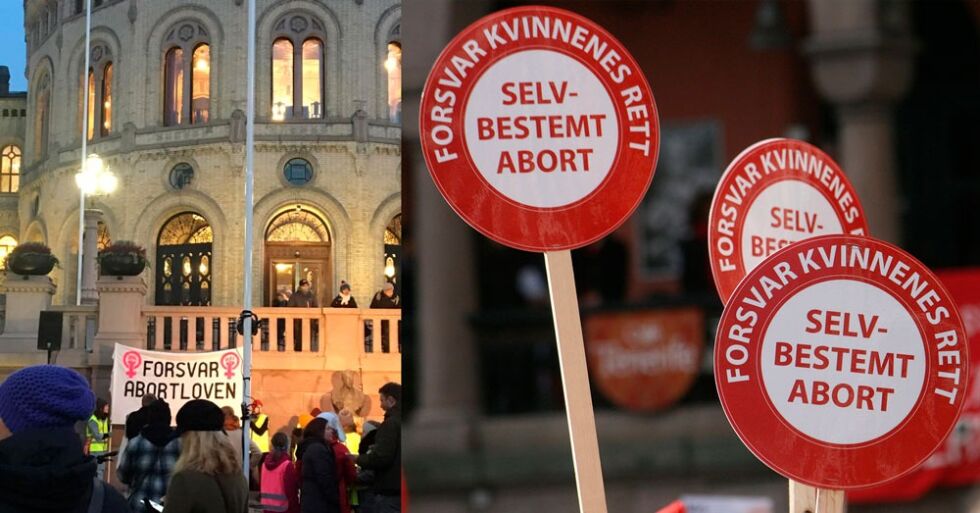 Flere hundre demonstrerte utenfor Stortinget etter at statsminister Erna Solberg åpnet for å forhandle om endring av abortloven i regjeringsforhandlinger med Kristelig Folkeparti før jul.
 Foto: Bente Pihlstrøm/GAD - Creative Commons