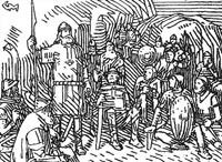 Olav den hellige (t.v.) grunnla Sarpsborg i 1016. Nesten tusen år senere har kampsaken hans fått innpass byens kommuneplan. Ilustrasjon: Gerhard Munthe