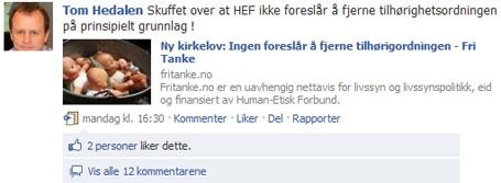 Fylkesleder for HEF i Buskerud, Tom Hedalen, har tatt opp saken på sin Facebook-profil.