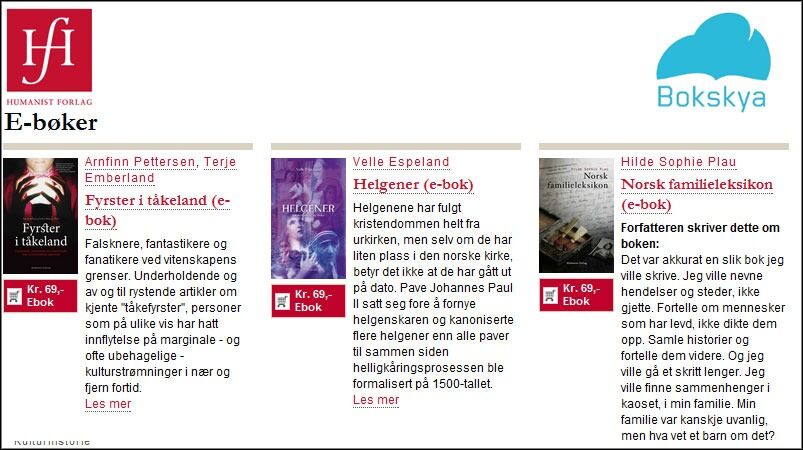 Humanist forlag lanserer denne høsten mange av sine titler som e-bøker gjennom bokbransjens digitale distribusjonsløsning Bokskya. Så langt er tre titler klare.