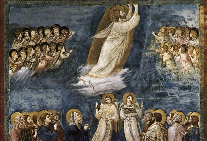 Kristi Himmelfartsdag er en viktig merkedag i kristendommen, og har vært gjenstand for utallige kunstneriske verk. Her utsnitt av den italienske maleren Giotto de Bondones tolkning fra 1305.