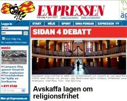 I et debattinlegg i Expressen tar flere styremedlemmer fra HEFs svenske søsterorganisasjon Humanisterna til ordet for å fjerne religionsfriheten fra den svenske grunnloven.