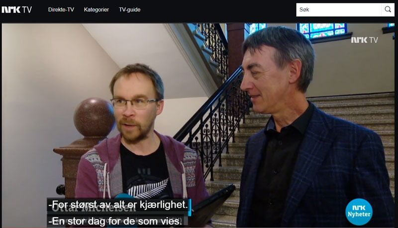 Kommunepolitikerne i Trondheim Ottar Michelsen (SV) og Geirmund Lykke (KrF) gleder seg til å bli vigslere. Se gårsdagens innslag på NRK.
 Foto: Skjermbilde fra NRK