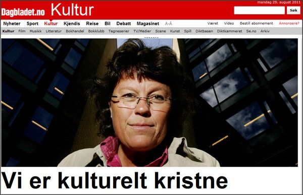 "Vi er kulturelt kristne" uttaler Anne Holt på vegne av det norske folk den i Dagbladet 19.8.2011.
 Foto: Faksimile fra Dagbladet