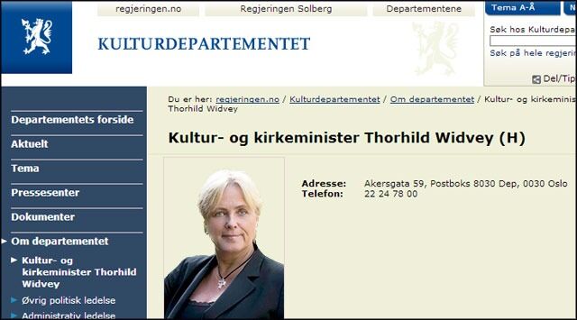 Regjeringens nettsider er allerede oppdatert. Torhild Widvey (H) blir Norges neste kirkeminister. Rigmor Aasrud (Ap) fikk altså ikke æren av å bli den siste.